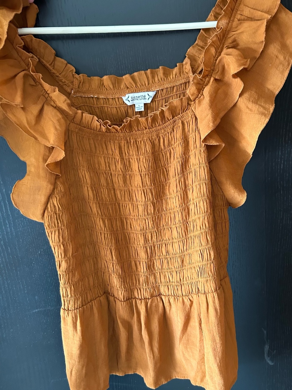 Nanette Lepore Smocked Ruffle Dress in Burnt Orange, L